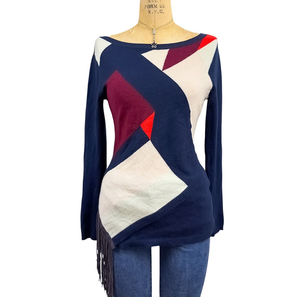 100% Cashmere Colorblock Sweater Suede Fringe Boat Neck Geometric Quiet Luxe XS